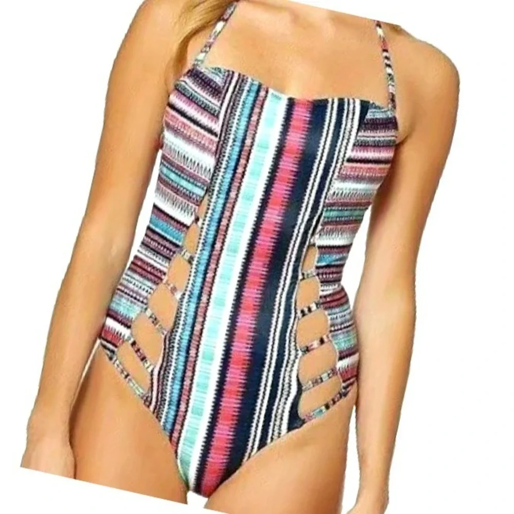 NWT Jessica Simpson Cutout Swimsuit Women M 1 PC Southwestern Feather Charm $102